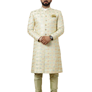 Regal Lemon-Yellow Thread Embroidered Sherwani | Father Son Combo | Perfect Groom Wear Achkan